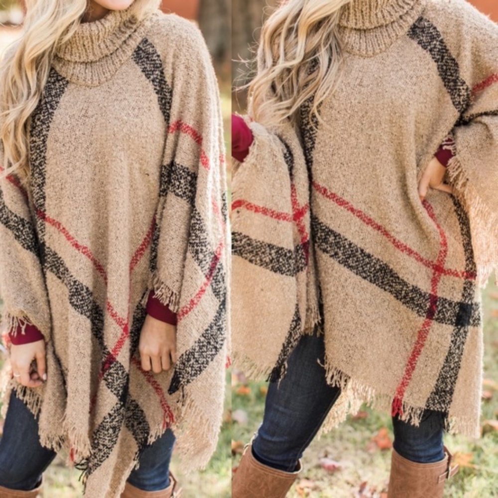 LAST ONE☝️PLAID FRAYED HEM PONCHO-KHAKI - Picture 3 of 5